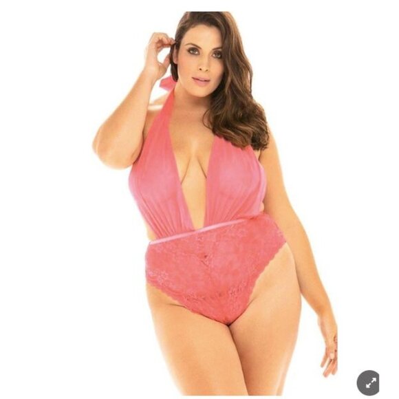 Ohla La Cheri Lingerie Womens Queen Plus PinkMesh Plunge‎ Aria Teddy Romper - Picture 1 of 11